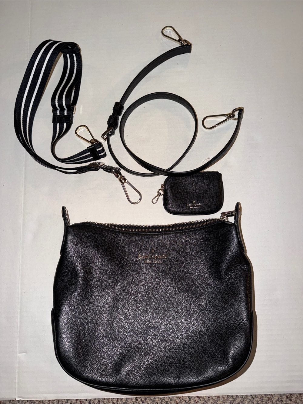 kate spade black pebble leather shoulder bag with striped and leather straps